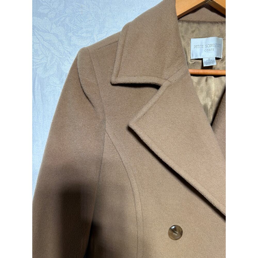 Petite Sophisticate Pea Coat Medium Camel Tan Wool Cashmere Lined Double Breaste - Picture 3 of 11